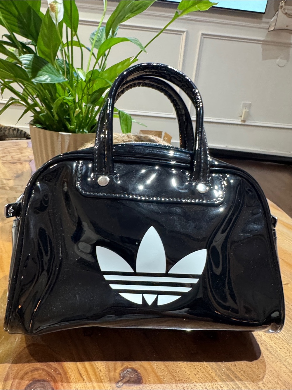 Black Patent Trefoil mini top handle Bag
